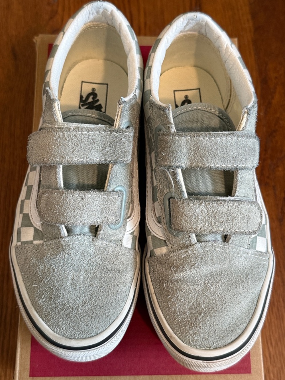 Vans Old Skool V Kids Suede Checkerboard Velcro Sneakers - Light Gray & White
